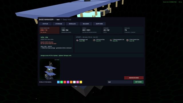 Base Manager — power, shields, veil fuel and upkeep.