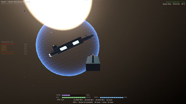 A contested system. Six contacts: an Authority interceptor, two pirates, three wrecks.